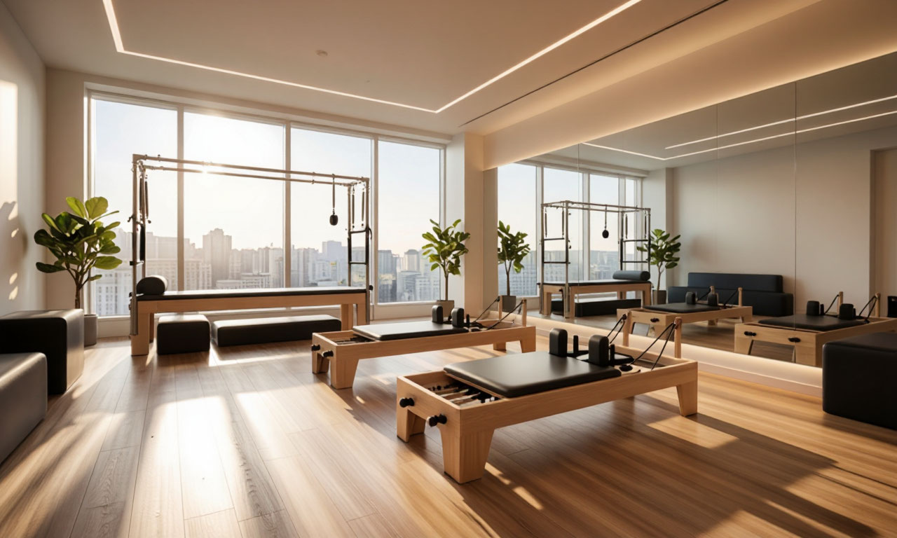 Bright pilates studio with reformers and natural light