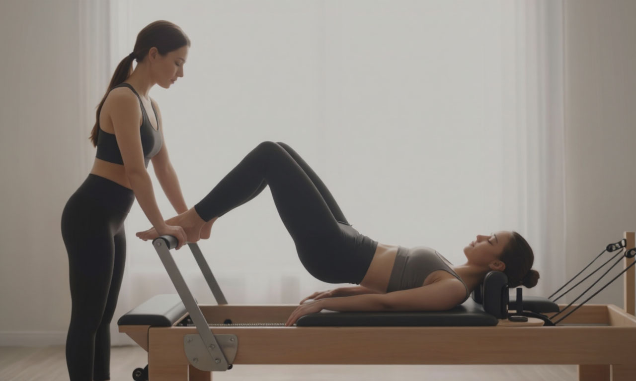 Instructor guiding a back pain client on the reformer